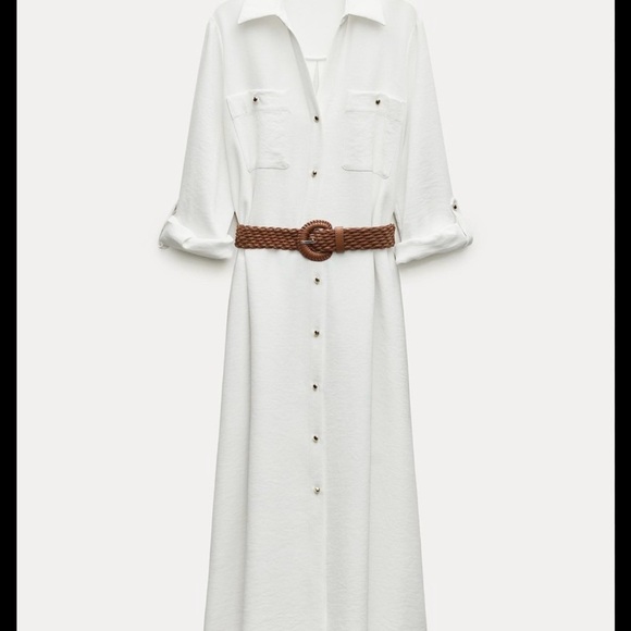 Zara Dresses & Skirts - Zara White Long Sleeve Button-Front Shirt Dress with Brown Woven Belt